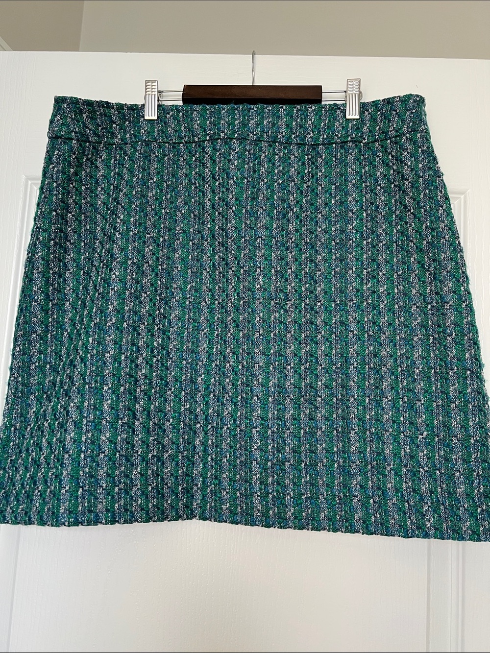 J. Crew Green Tweed Mini Skirt with Blue Accents